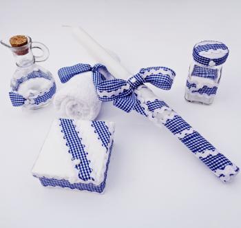 Аксесоари за кръщене в комплект от синьо каре